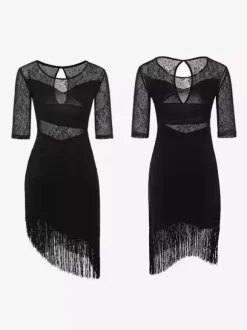 Robe de danse latine noire pour femme à franges en maille manches courtes sexy en polyester