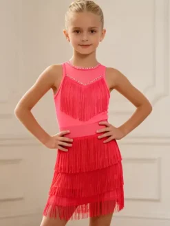 Robe de danse latine pêche pour fille en polyester avec franges élégantes. Tenue de danse latine.