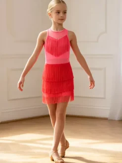 Robe de danse latine pêche pour fille en polyester avec franges élégantes. Tenue de danse latine.