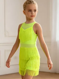 Robe de danse latine pêche pour fille en polyester avec franges élégantes. Tenue de danse latine.