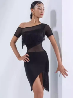 Robe de danse latine sexy noire pour femme manches courtes en polyester avec franges tenue de danse latine