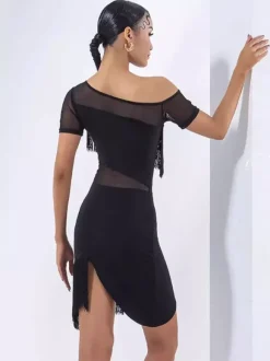 Robe de danse latine sexy noire pour femme manches courtes en polyester avec franges tenue de danse latine