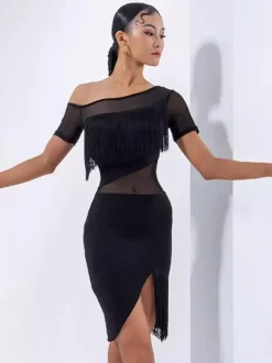 Robe de danse latine sexy noire pour femme manches courtes en polyester avec franges tenue de danse latine