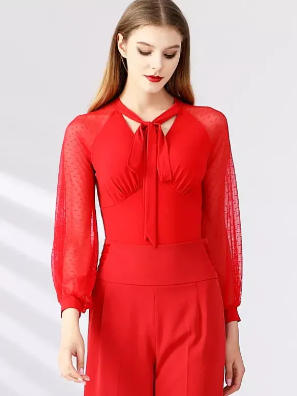 Robe de danse pour femmes manches longues décolleté en ruban costumes de danse de salon