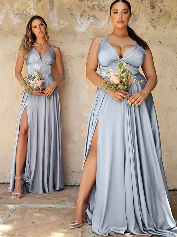 Robe de demoiselle d'honneur en soie élastique comme du satin robe de bal sirène au sol