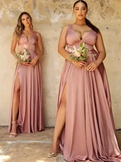 Robe de demoiselle d'honneur en soie élastique comme du satin robe de bal sirène au sol