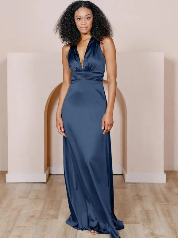 Robe de demoiselle d'honneur en tissu satiné ligne a longueur au sol robes formelles