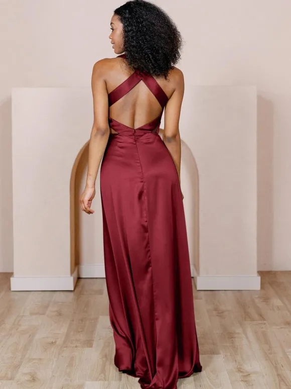 Robe de demoiselle d'honneur en tissu satiné ligne a longueur au sol robes formelles