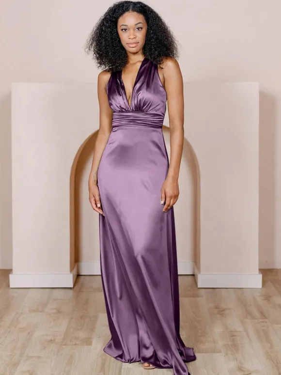 Robe de demoiselle d'honneur en tissu satiné ligne a longueur au sol robes formelles