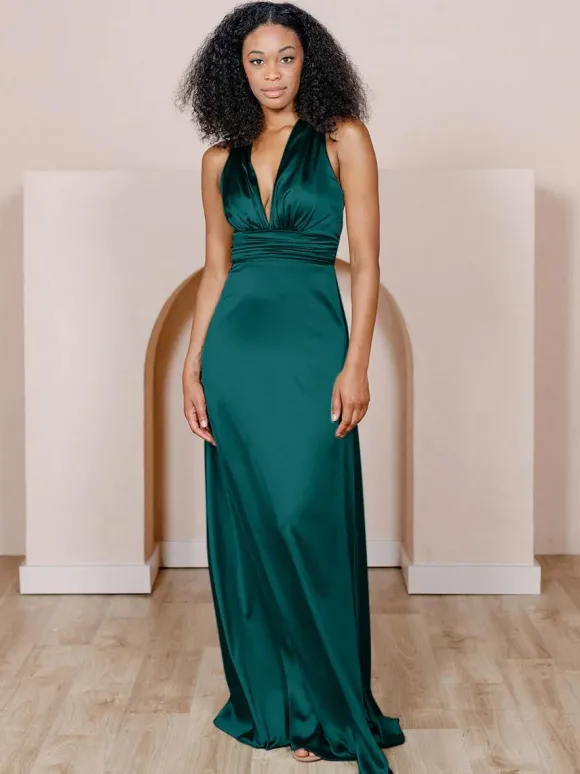 Robe de demoiselle d'honneur en tissu satiné ligne a longueur au sol robes formelles