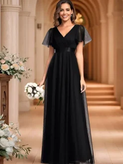 Robe de demoiselle d'honneur en tulle coupe trapèze longueur au sol robe de cortège nuptial