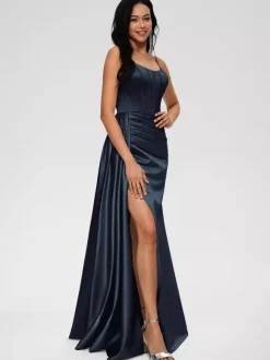 Robe de demoiselle d'honneur robe de bal longueur au sol fermeture éclair en Satin tissé élastique robe de soirée de mariage