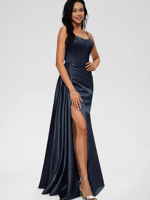 Robe de demoiselle d'honneur robe de bal longueur au sol fermeture éclair en Satin tissé élastique robe de soirée de mariage