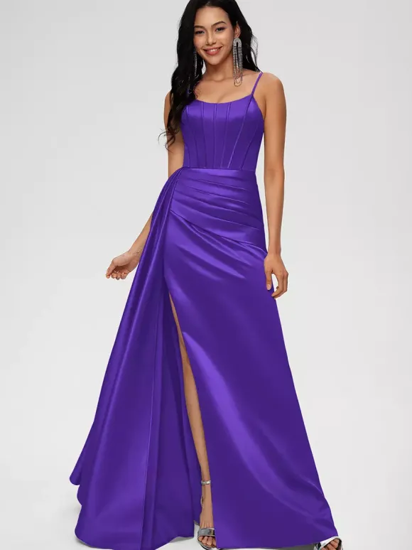 Robe de demoiselle d'honneur robe de bal longueur au sol fermeture éclair en Satin tissé élastique robe de soirée de mariage