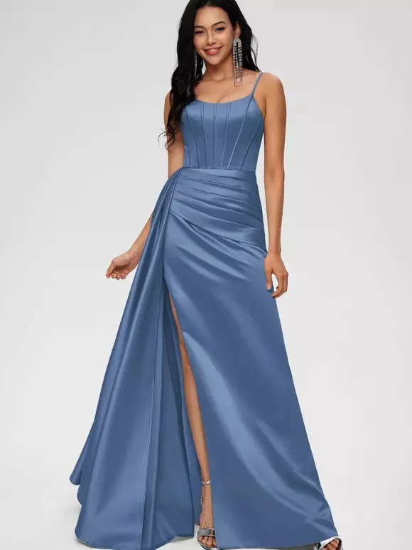 Robe de demoiselle d'honneur robe de bal longueur au sol fermeture éclair en Satin tissé élastique robe de soirée de mariage