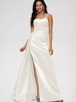 Robe de demoiselle d'honneur robe de bal longueur au sol fermeture éclair en Satin tissé élastique robe de soirée de mariage