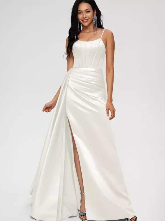 Robe de demoiselle d'honneur robe de bal longueur au sol fermeture éclair en Satin tissé élastique robe de soirée de mariage