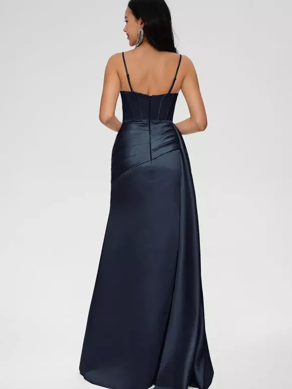Robe de demoiselle d'honneur robe de bal longueur au sol fermeture éclair en Satin tissé élastique robe de soirée de mariage
