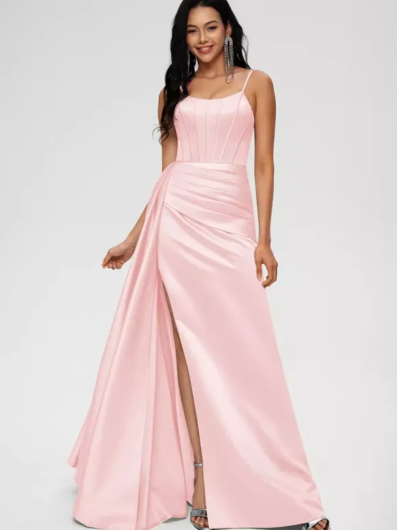 Robe de demoiselle d'honneur robe de bal longueur au sol fermeture éclair en Satin tissé élastique robe de soirée de mariage