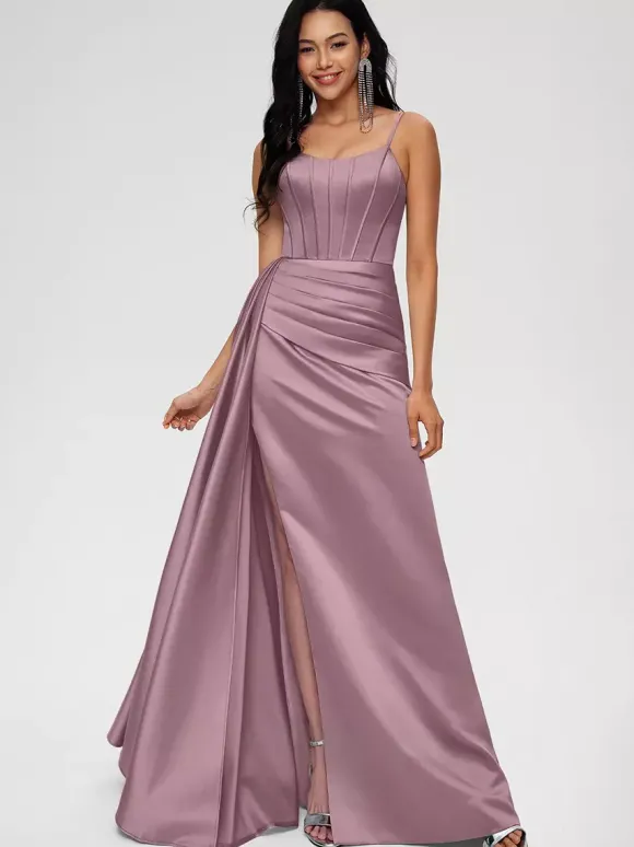 Robe de demoiselle d'honneur robe de bal longueur au sol fermeture éclair en Satin tissé élastique robe de soirée de mariage
