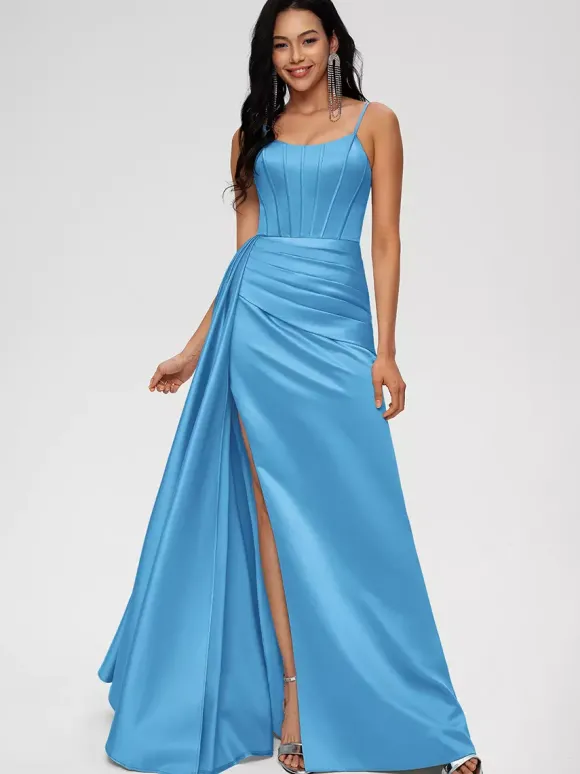 Robe de demoiselle d'honneur robe de bal longueur au sol fermeture éclair en Satin tissé élastique robe de soirée de mariage