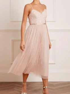 Robe de demoiselle d'honneur en dentelle Robe cocktail mariage à bretelle décoré des paillites