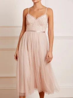 Robe de demoiselle d'honneur en dentelle Robe cocktail mariage à bretelle décoré des paillites