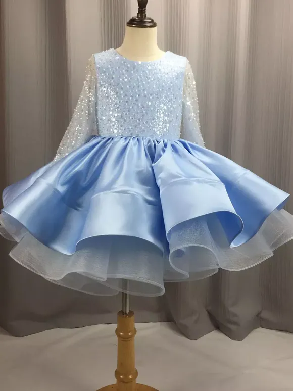 Robe de demoiselle d'honneur fille tulle perlé col bijou manches longues champagne