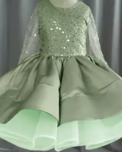 Robe de demoiselle d'honneur fille tulle perlé col bijou manches longues champagne