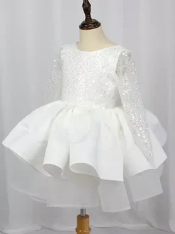 Robe de demoiselle d'honneur fille tulle perlé col bijou manches longues champagne