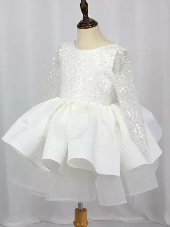 Robe de demoiselle d'honneur fille tulle perlé col bijou manches longues champagne