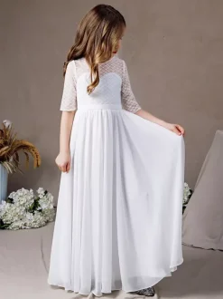Robe de demoiselle d'honneur fille dentelle dentelle col bijou demi-manches ivoire