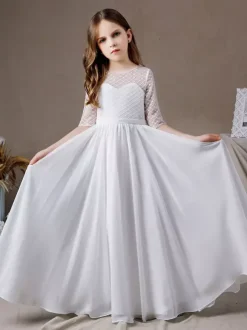 Robe de demoiselle d'honneur fille dentelle dentelle col bijou demi-manches ivoire