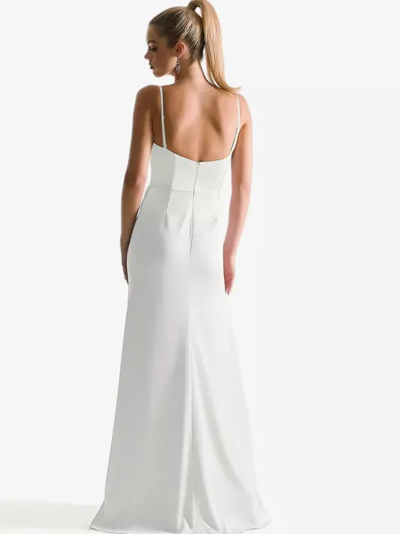 Robe de demoiselle d'honneur à bretelle zip sur dos jupe fendue au sol