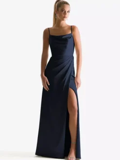 Robe de demoiselle d'honneur à bretelle zip sur dos jupe fendue au sol