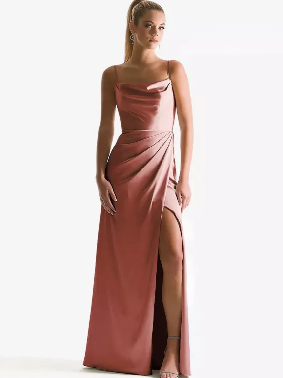 Robe de demoiselle d'honneur à bretelle zip sur dos jupe fendue au sol