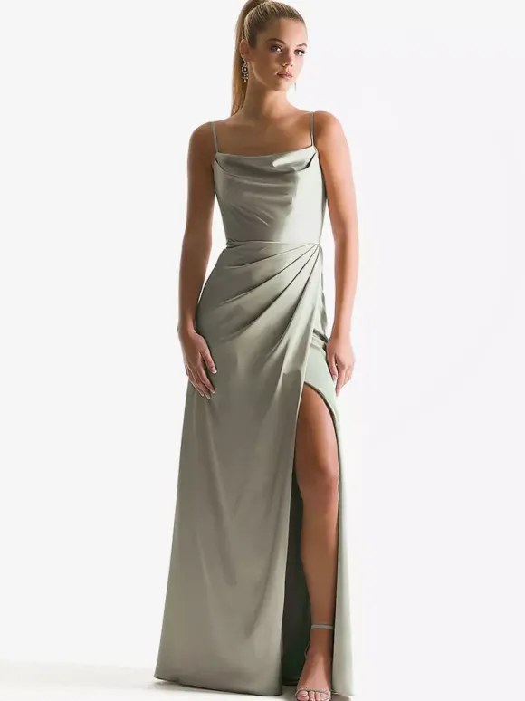 Robe de demoiselle d'honneur à bretelle zip sur dos jupe fendue au sol