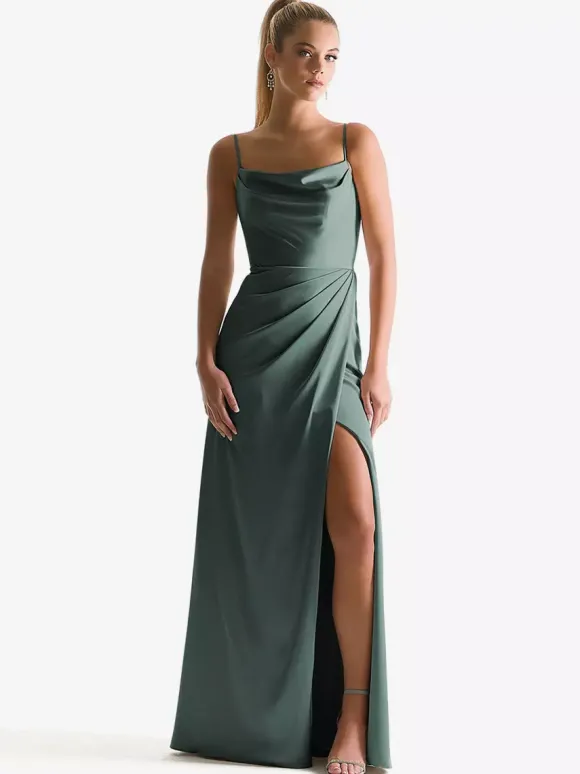 Robe de demoiselle d'honneur à bretelle zip sur dos jupe fendue au sol