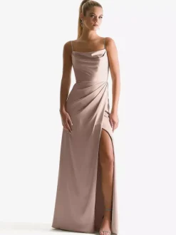 Robe de demoiselle d'honneur à bretelle zip sur dos jupe fendue au sol