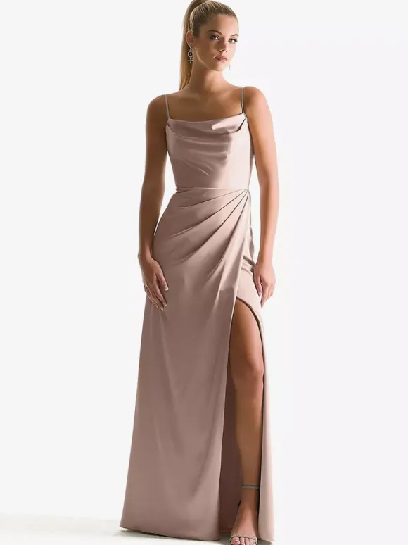 Robe de demoiselle d'honneur à bretelle zip sur dos jupe fendue au sol