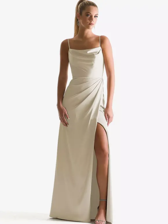 Robe de demoiselle d'honneur à bretelle zip sur dos jupe fendue au sol