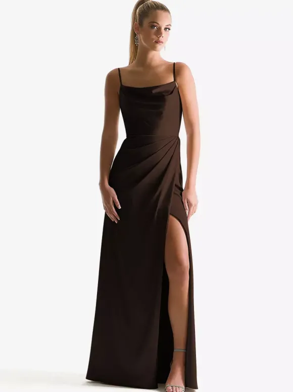 Robe de demoiselle d'honneur à bretelle zip sur dos jupe fendue au sol