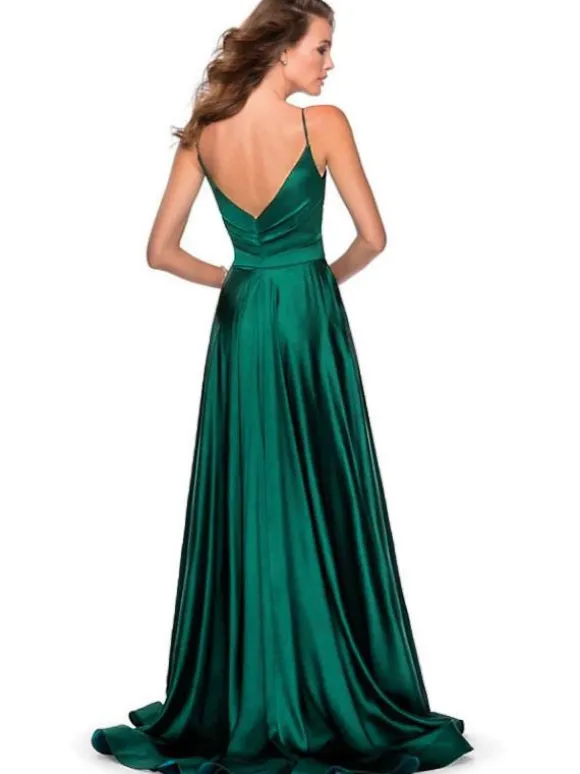 Robe de demoiselle d'honneur longue vert forêt en satin de soie stretch col V dos nu jupe fendue robe de soirée