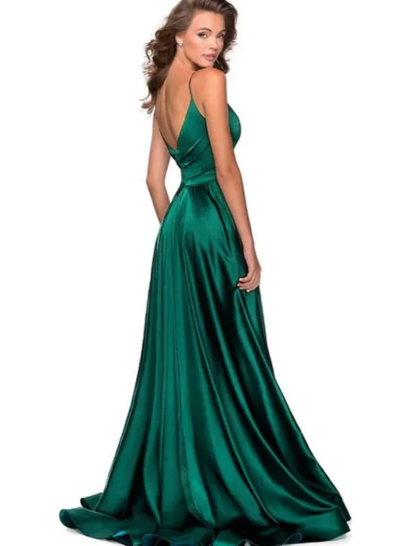 Robe de demoiselle d'honneur longue vert forêt en satin de soie stretch col V dos nu jupe fendue robe de soirée