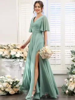 Robe de demoiselle d'honneur en mousseline coupe trapèze longueur au sol pour mariage
