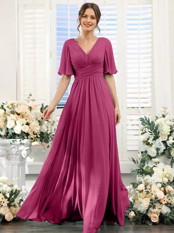 Robe de demoiselle d'honneur en mousseline coupe trapèze longueur au sol pour mariage
