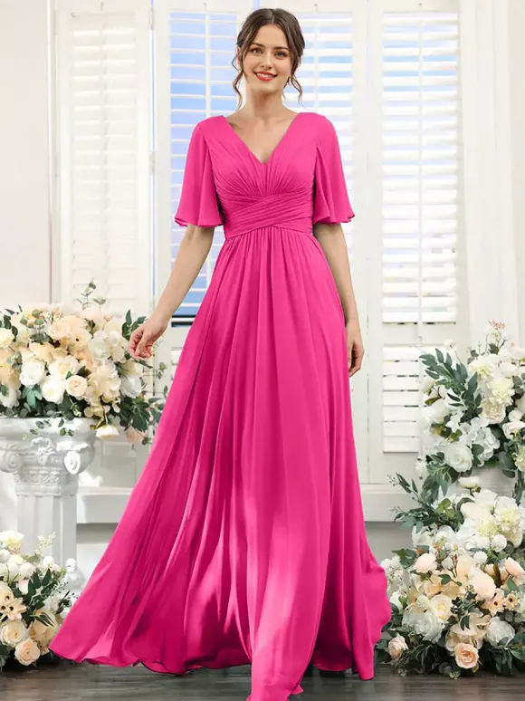 Robe de demoiselle d'honneur en mousseline coupe trapèze longueur au sol pour mariage