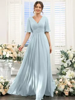 Robe de demoiselle d'honneur en mousseline coupe trapèze longueur au sol pour mariage
