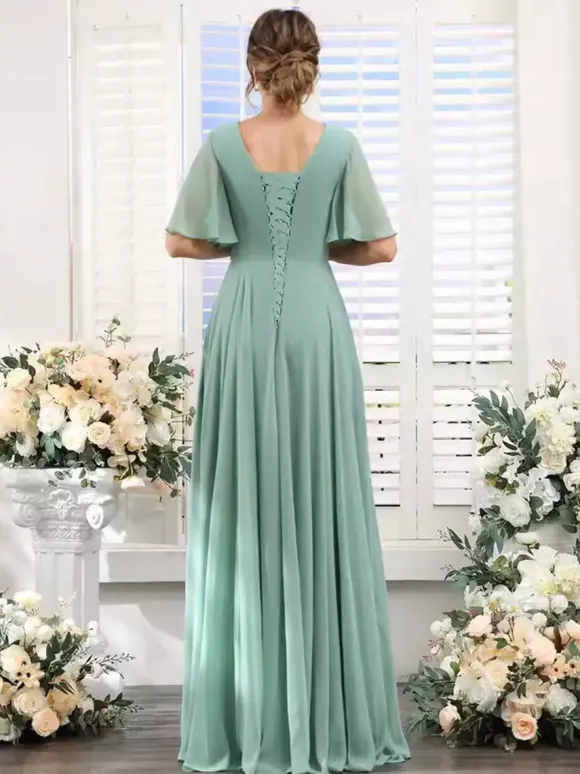 Robe de demoiselle d'honneur en mousseline coupe trapèze longueur au sol pour mariage