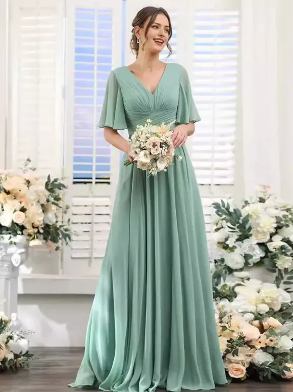 Robe de demoiselle d'honneur en mousseline coupe trapèze longueur au sol pour mariage